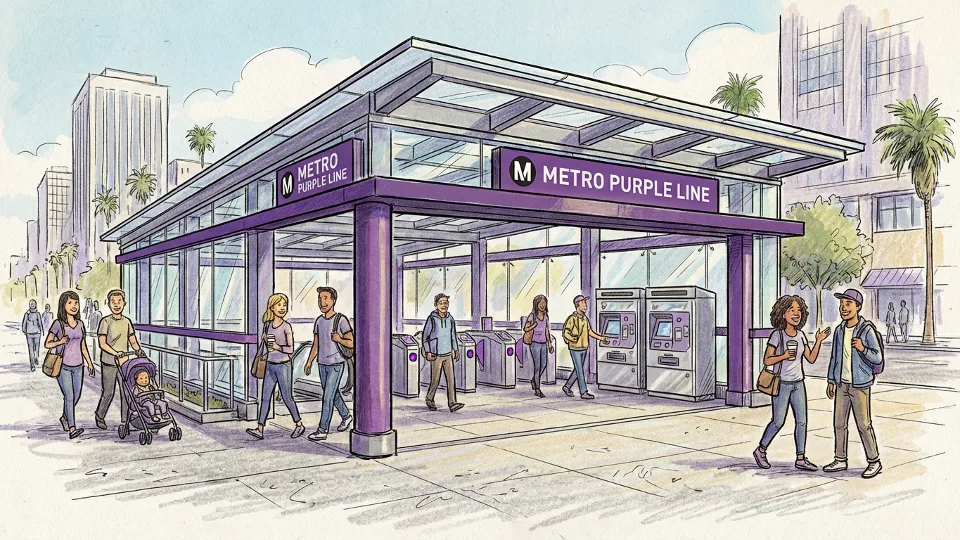 Metro Purple Line station entrance with signage in Los Angeles