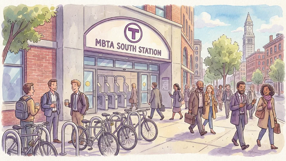 Commuter rail station entrance with crowd of passengers and bike rack area