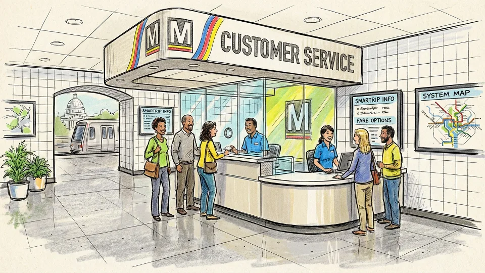 Metro customer service center interior at station. Alt text: Metro customer service desk at Washington DC area station. Composition: Interior shot showing customer service counter, signage, and information displays.