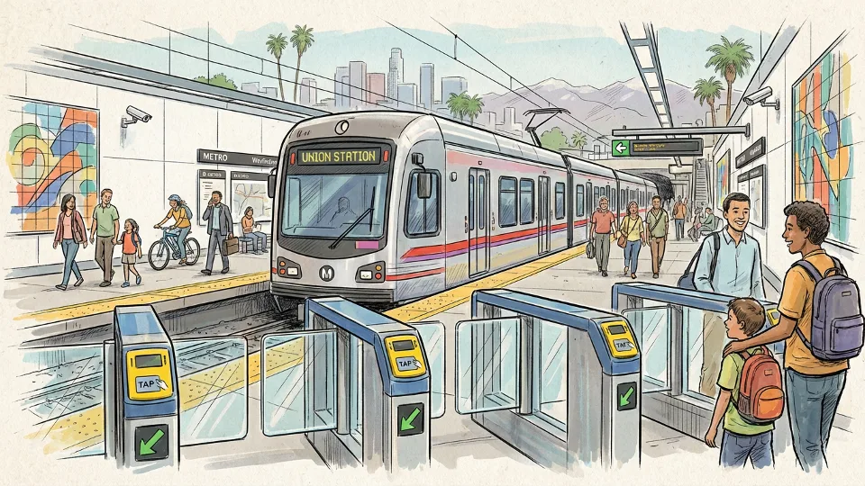 Metro rail train at station platform with fare gates visible in foreground