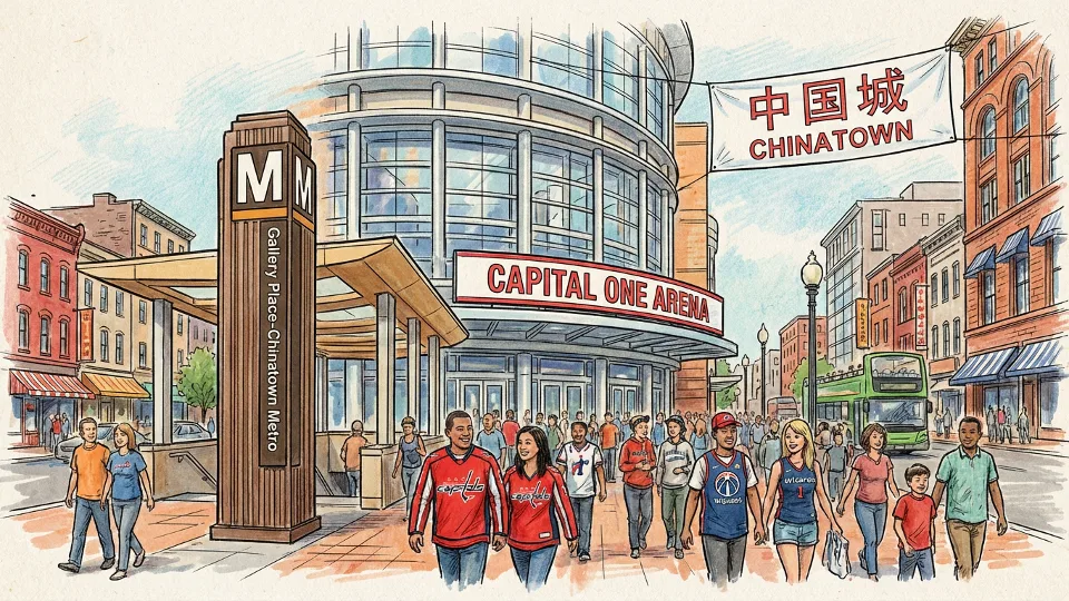 Capital One Arena exterior entrance with Metro station access and crowd of people entering venue