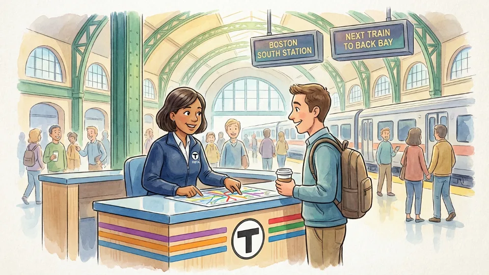 MBTA customer service representative helping commuter with travel information at train station