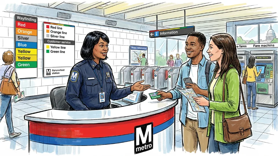 Metro customer service representative at information desk inside transit station, assisting riders with questions and concerns