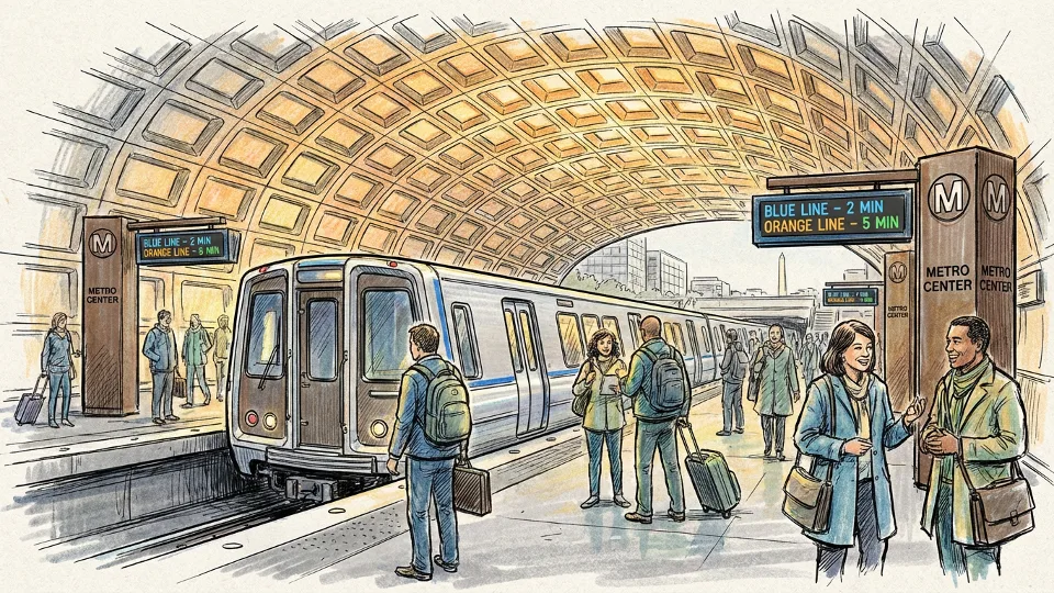 Metro train at station platform with passengers waiting, showing typical daily operations in the DC-Maryland-Virginia transit system
