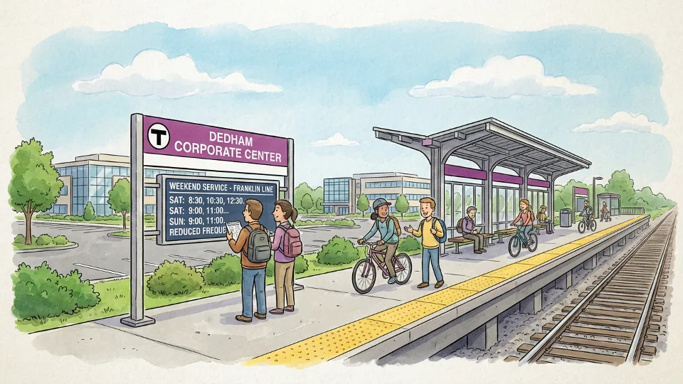Description: Dedham Corporate Center commuter rail station sign and platform with weekend schedule board visible
Alt text: Dedham Corporate Center MBTA Franklin Line station weekend service Boston
Composition: Close-up of station signage and platform area, showing weekend service information and typical suburban commuter rail stop features