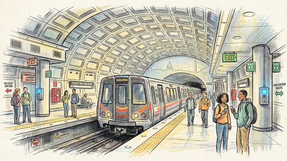 Metro train at underground station platform showing emergency access points, lighting systems, and safety signage that first responders need to understand during emergency situations
