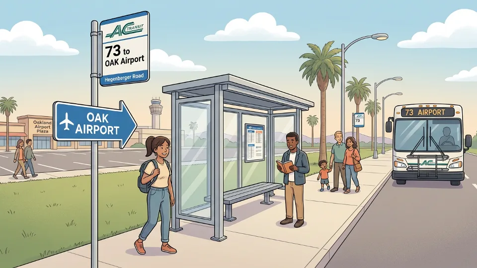 Hegenberger Road bus stop sign with Oakland Airport directional signage and waiting area