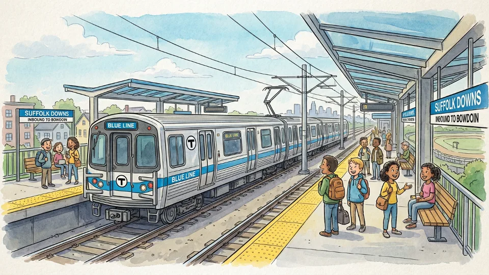 MBTA Blue Line train at Suffolk Downs station platform with passengers waiting