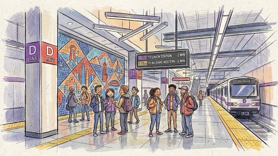 D Line subway station platform with integrated public artwork and architectural details showing Metro's art integration program