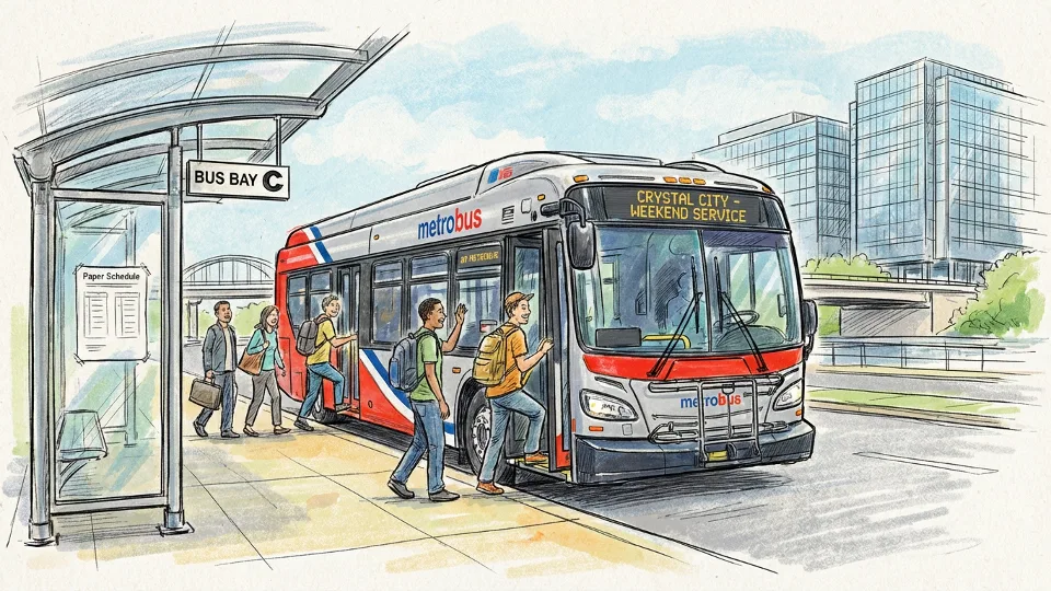 Metro bus at station platform with riders boarding during weekend service. Alt text: Metro bus weekend service Crystal City riders boarding alternative transportation. Composition: Side view showing open doors with passengers entering, emphasizing continued service availability.