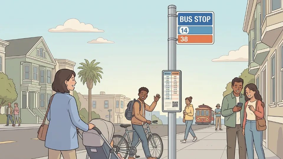 Bus stop sign with route number and schedule information in urban setting