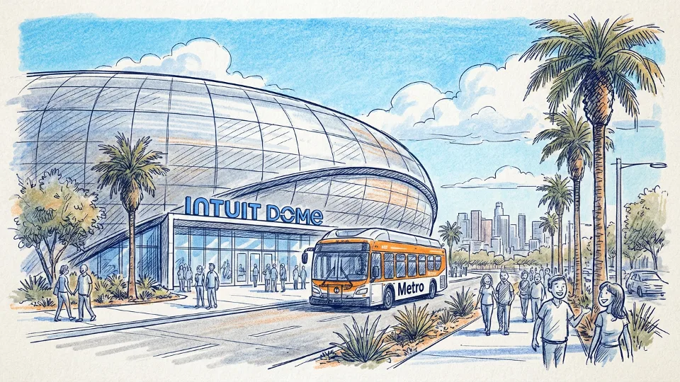 Intuit Dome exterior with Metro bus approaching venue entrance