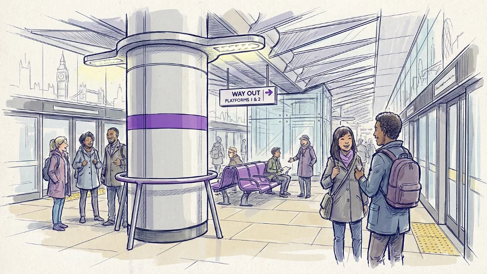 Close-up of Elizabeth Line station platform column and passenger waiting area