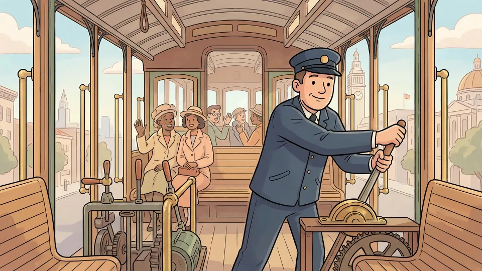 Cable car grip operator at controls inside historic San Francisco cable car, showing the mechanical operation of the transit system