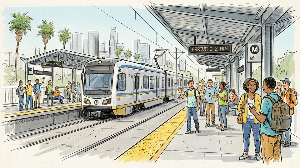 LA Metro Rail train at station platform with waiting passengers
