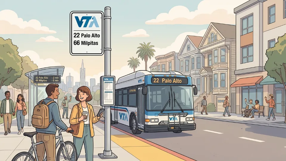 Transit bus stop sign on city street with route number display