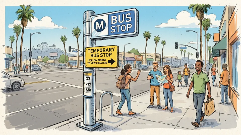 Bus stop sign with detour notice and directional arrow pointing to temporary location