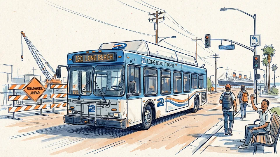 Long Beach Transit bus on urban street with construction barriers visible in background