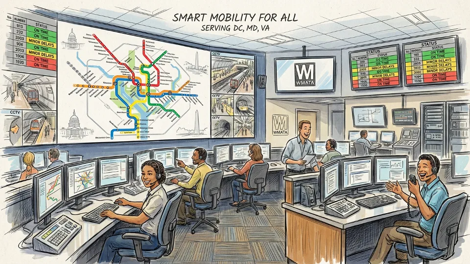 Metro transit control center monitoring station platforms and train operations