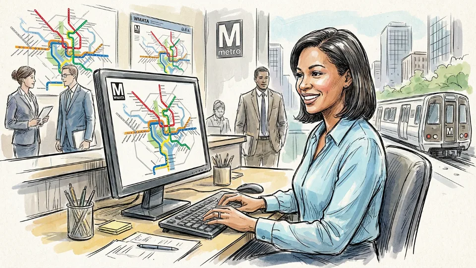 Metro customer service representative reviewing transit system information on computer screen