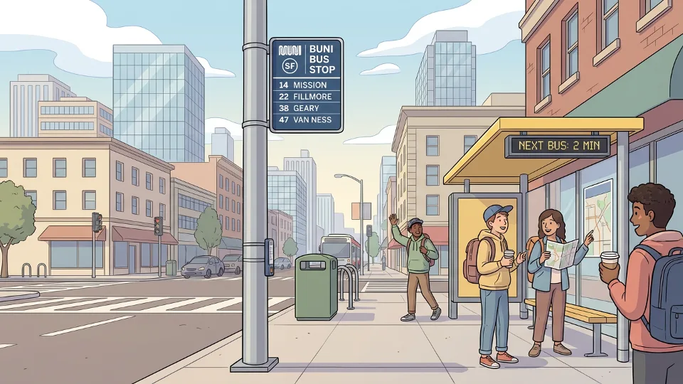Transit stop sign on urban street showing multiple route numbers with downtown buildings in background