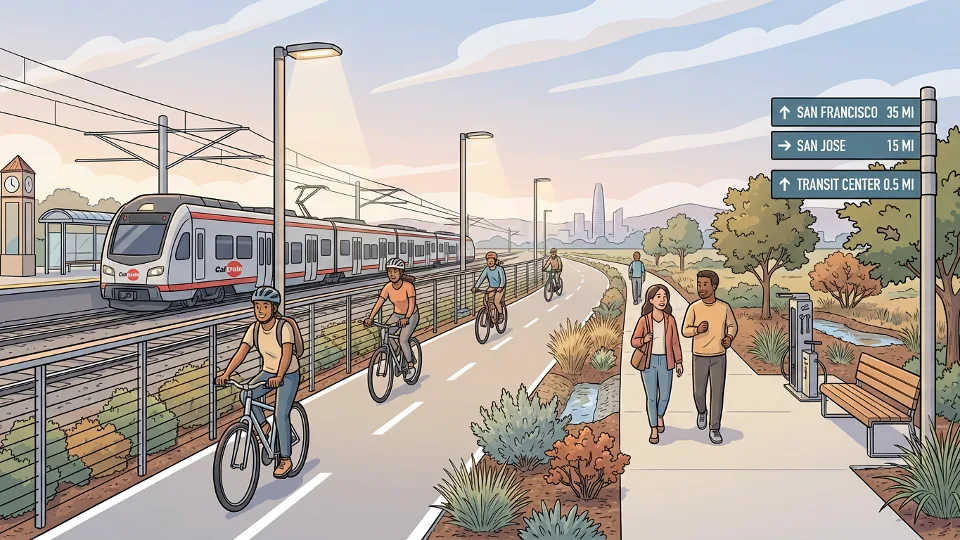 Modern bike and pedestrian path alongside transit corridor with safety features and landscaping