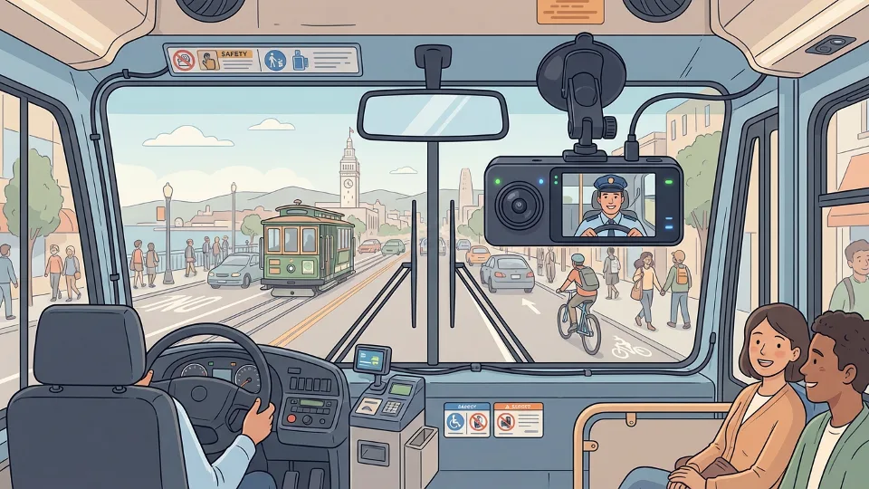 Dual-facing AI dash camera system mounted inside transit bus showing road and driver view