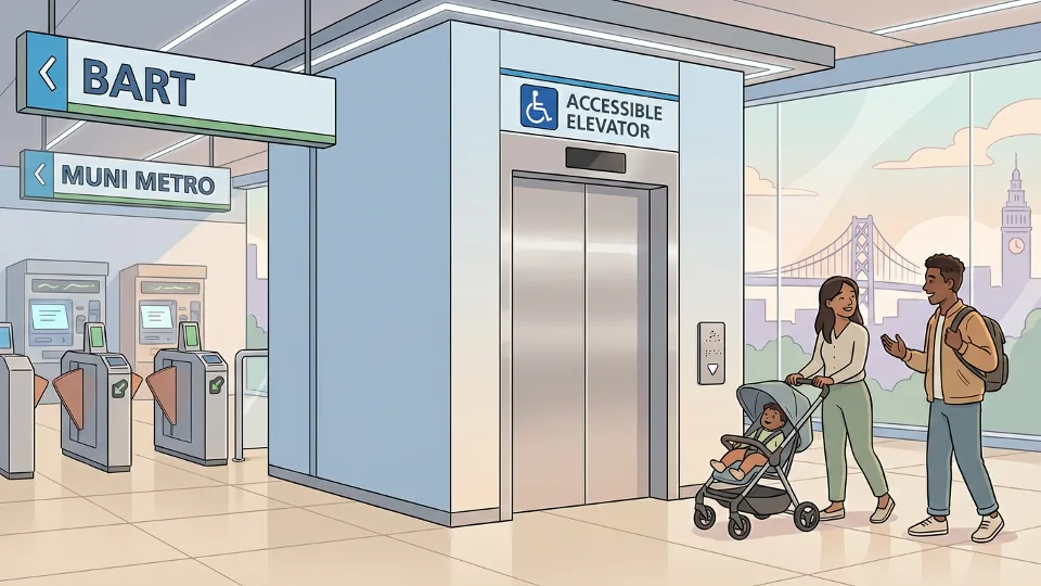 Subway station elevator with accessibility signage, clean modern design, transit infrastructure