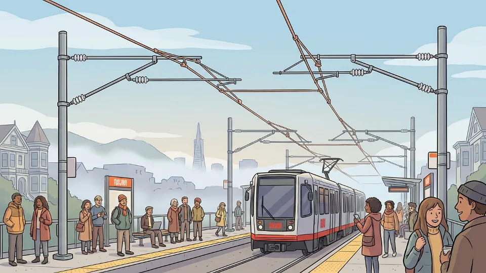 Muni Metro overhead wire system at San Francisco light rail station showing contact wires and support infrastructure