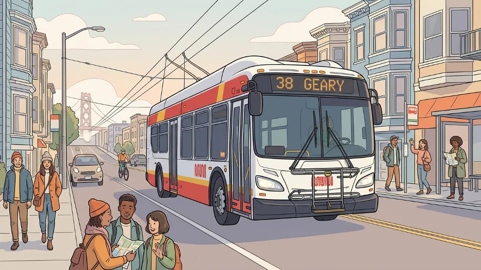Transit bus on city street with route number display visible
