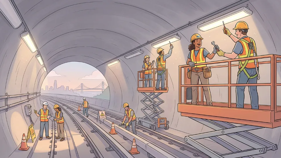BART maintenance crew working on overhead lighting fixtures inside the Transbay Tube with safety equipment and tools