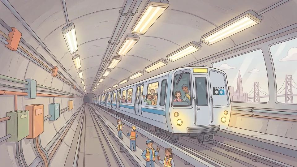 BART train approaching inside the Transbay Tube with overhead lighting visible along the tunnel ceiling and walls