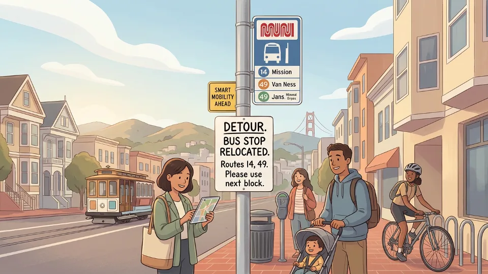 Bus stop sign showing detour information in San Francisco Bay Area