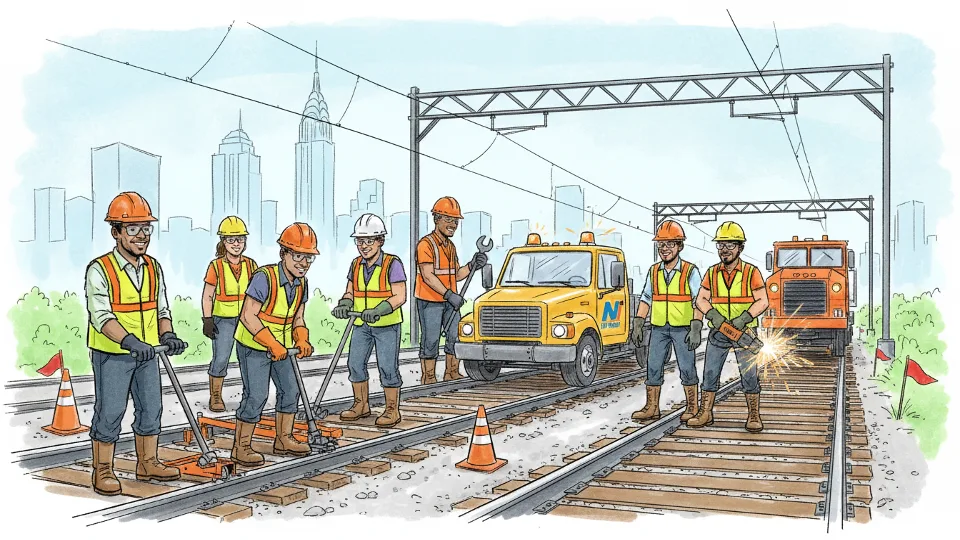 Track maintenance crew working on railroad tracks with safety equipment and maintenance vehicles