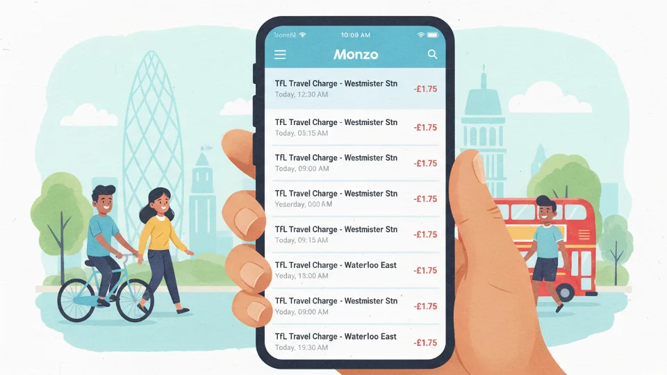 Close-up of smartphone displaying multiple identical transit charges on mobile banking app screen
