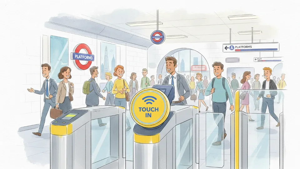 Modern contactless payment card reader at London transit station turnstile with commuters in background