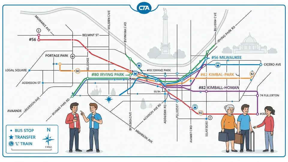 CTA route map showing bus stops and street intersections in northwest Chicago