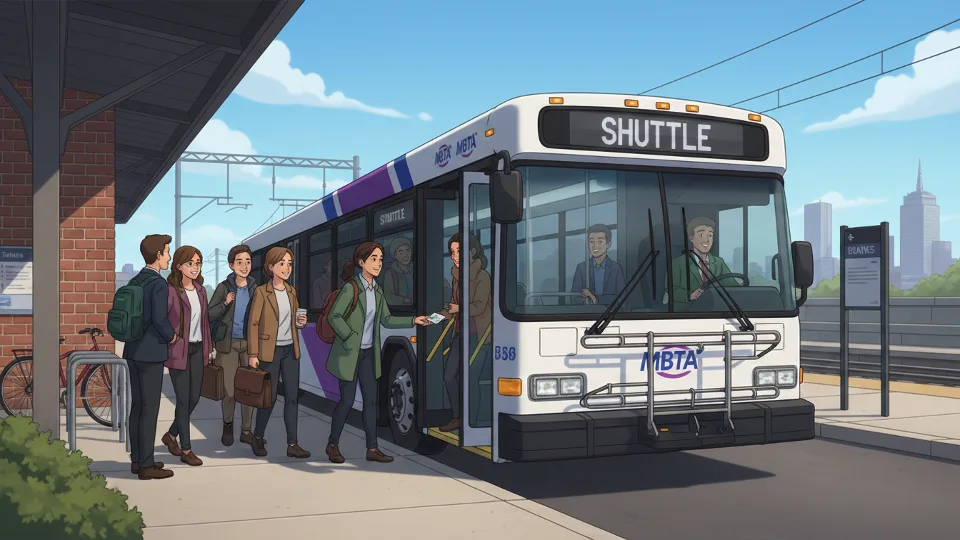 MBTA shuttle bus at commuter rail station with passengers boarding