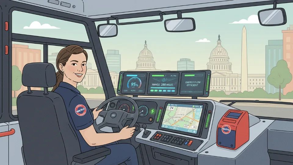 Metro transit operator inside battery-electric bus cockpit with dashboard monitoring systems visible