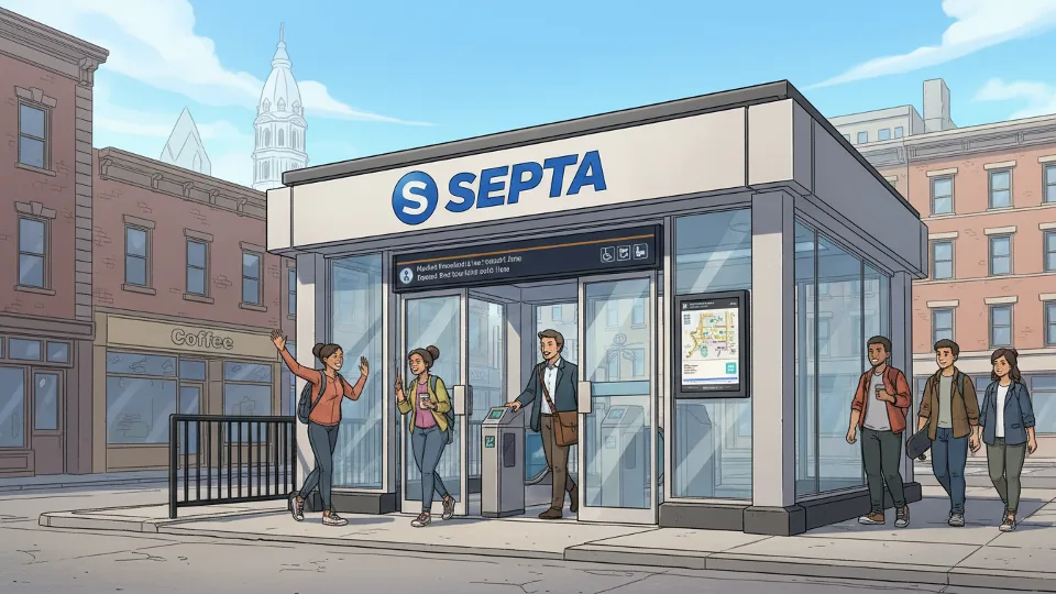 SEPTA station entrance with passengers entering during service restoration