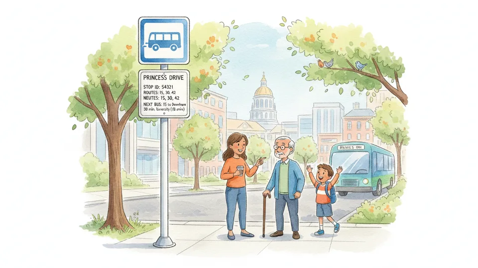 Bus stop sign along Princess Drive with route information display