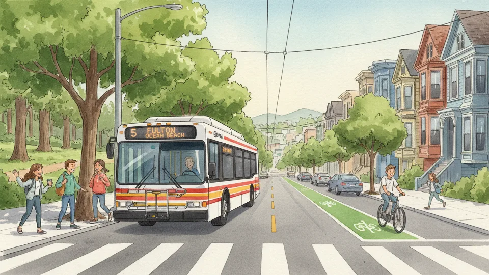 San Francisco Muni bus traveling through Fulton Street corridor