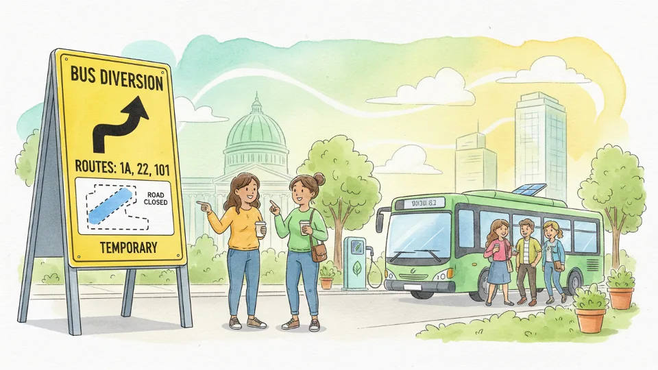 Bus route diversion sign showing alternate path with directional arrows