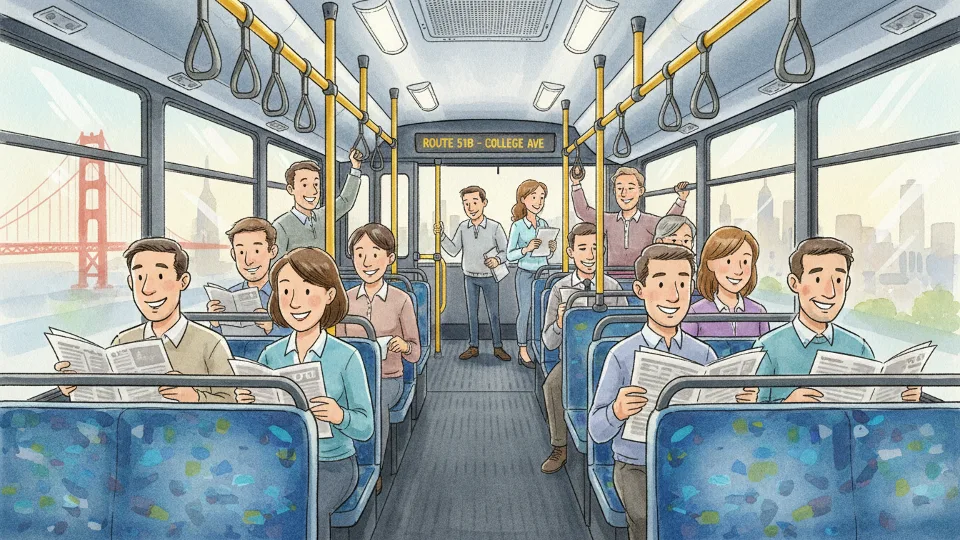 Interior view of AC Transit bus with commuters during morning rush hour