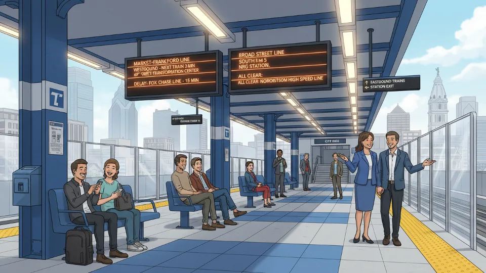 SEPTA station platform with digital information display and waiting passengers. Alt text: SEPTA station platform with service information signage in Philadelphia. Composition: Platform view showing information displays and passenger waiting areas, emphasizing wayfinding elements during service changes.