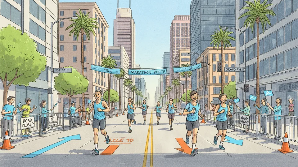 City street with marathon route markers and temporary road closure signs in urban downtown area