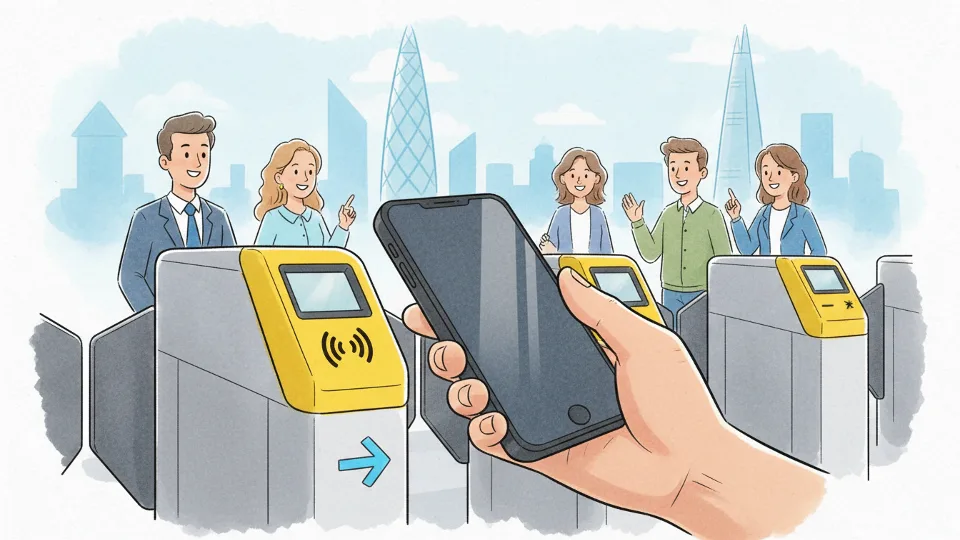 Close-up of passenger holding smartphone near contactless payment terminal at train station gate