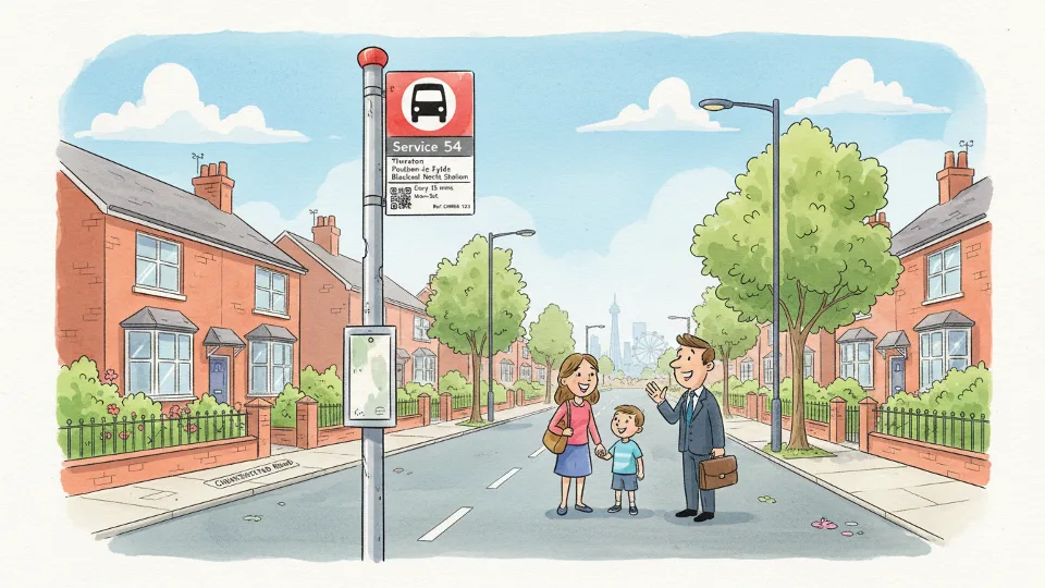 Bus stop sign on Chesterfield Road in Thornton with Service 54 route information displayed