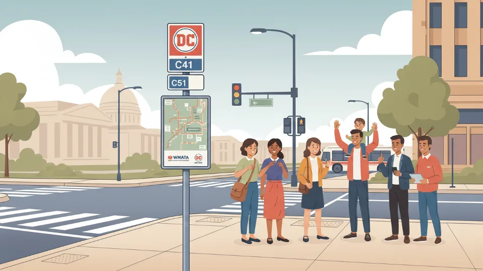 DC Metro bus stop sign showing C41 and C51 route numbers with street intersection in urban setting