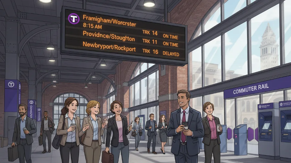 Commuters checking departure board at MBTA commuter rail station